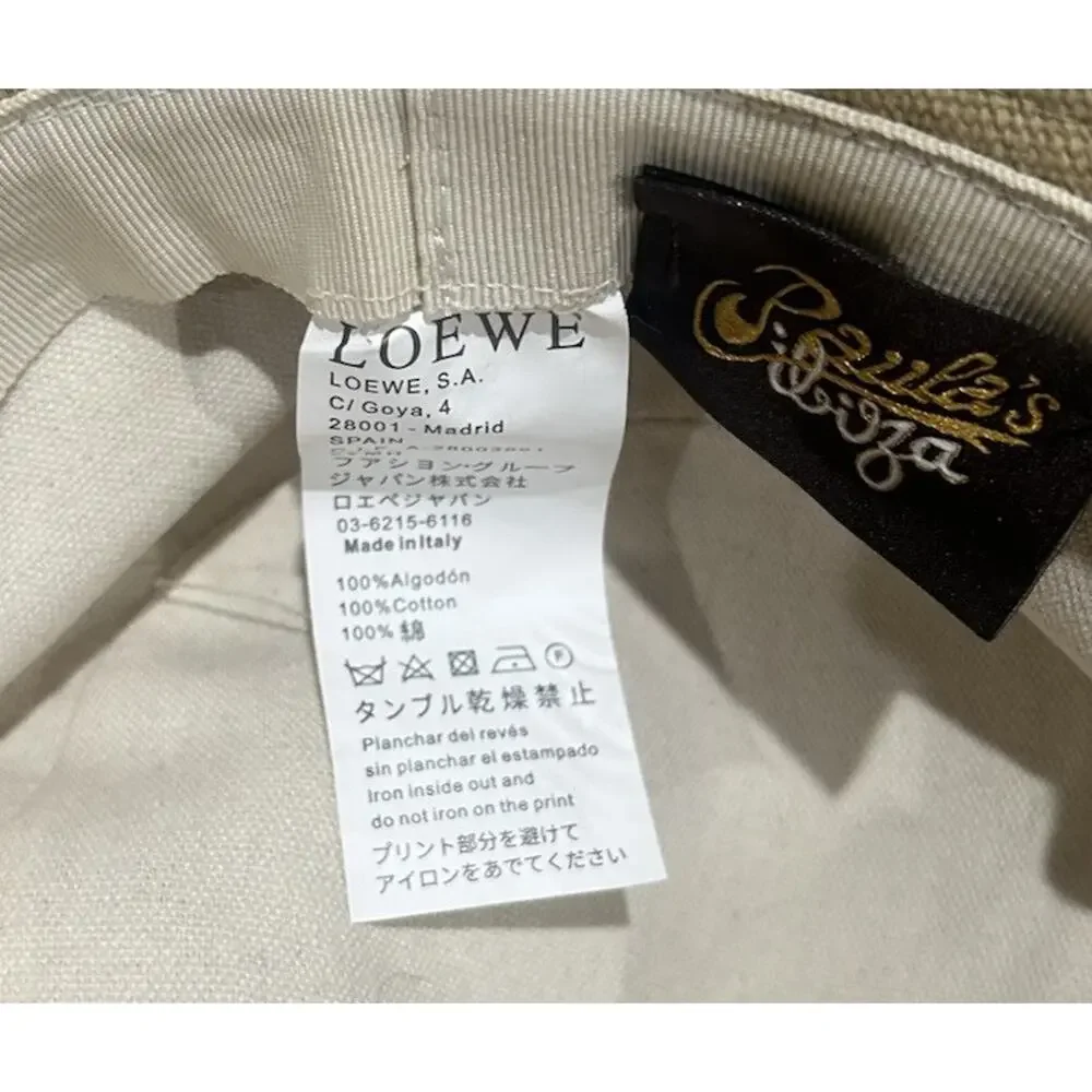 LOEWE Paula’s Ibiza Canvas Bucket Hat Beige Leather Logo Patch Made Italy
